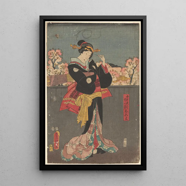 Woman with Black Shawl Painting against a Gray Fence, Cherry Blossoms in the Background - Toyokuni Utagawa — framed artwork on a wall