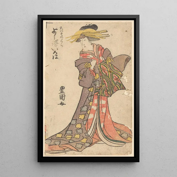 a woman in court attire with an elaborate headdress - Toyokuni Utagawa — framed artwork on a wall