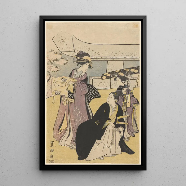 Women in Lavender Kimonos, Man in Black with Fan and Swords - Toyokuni Utagawa — framed artwork on a wall