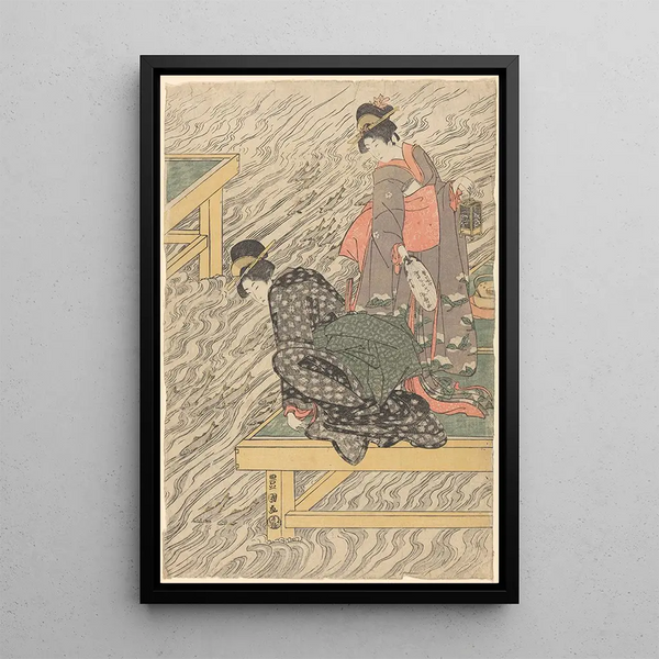 Women on the dock watching the fish - Toyokuni Utagawa — framed artwork on a wall