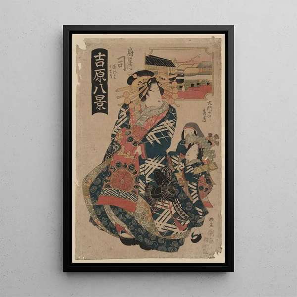 Monguchi no Rakugan Giya Uchi Tsukasa - Toyokuni Utagawa — framed artwork on a wall