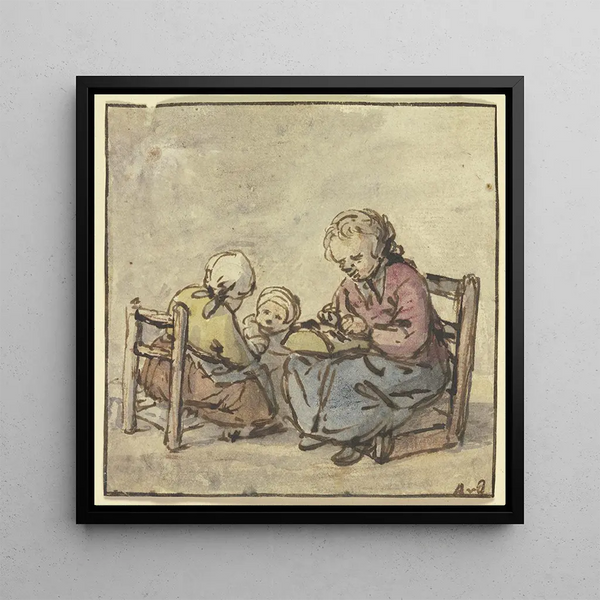 Three Girls, the oldest making lace - Adriaen van Ostade — framed artwork on a wall