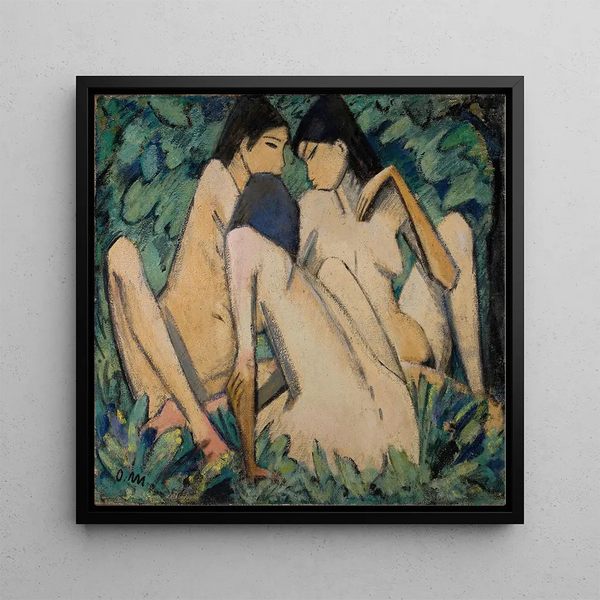 Three women in a forest - Otto Mueller — framed artwork on a wall