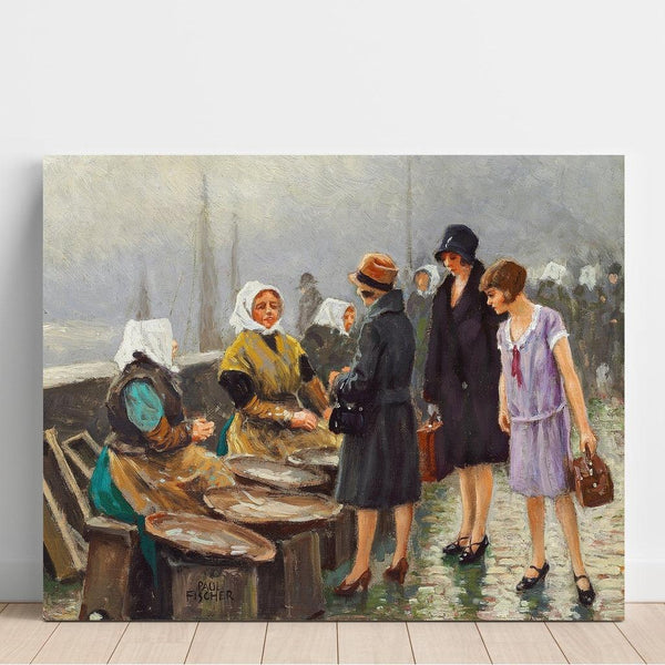 Reproduction of the painting Three young ladies buy fresh fish at Gammel Strand - Paul Fischer