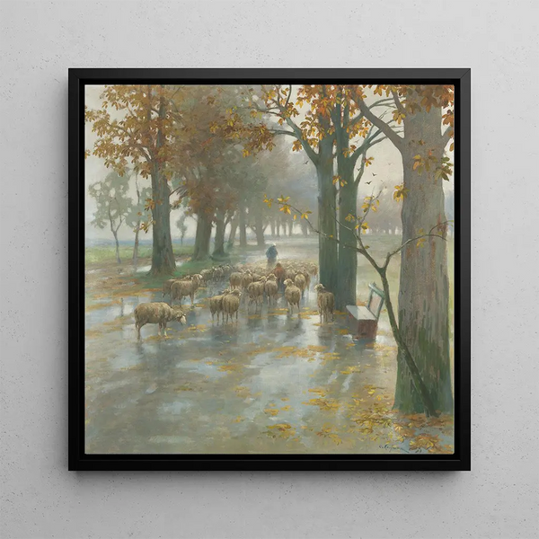 Herd of sheep with shepherdess on a rainy day - Adolf Kaufmann — framed artwork on a wall