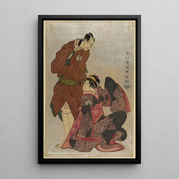 Sandiaime Band Hikosabur no Obiya Chmemon to Yodaime Iwai Hanshir no Shinanoya Ohan - Tōshūsai Sharaku — framed artwork on a wall