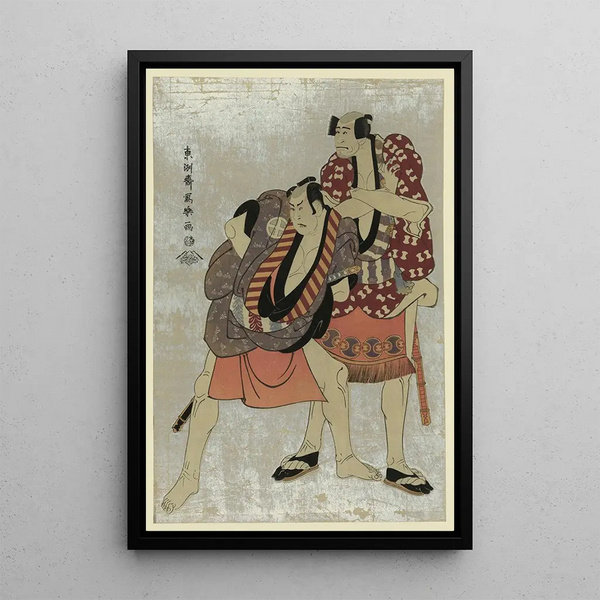 Shodai Arashi Ryozo in Yakko Ukiyo Matabei and Sandaime Tani Hiroji in Yakko Tosa no Matabei - Tōshūsai Sharaku — framed artwork on a wall