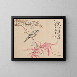 Spinach with strawberries and nightingale - Tsubaki Chinzan — framed artwork on a wall