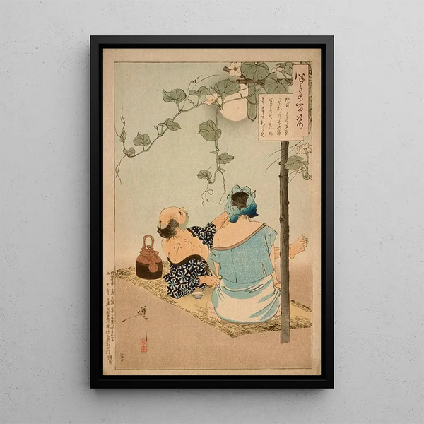 a couple enjoying the evening flower arbor - Tsukioka Yoshitoshi — framed artwork on a wall