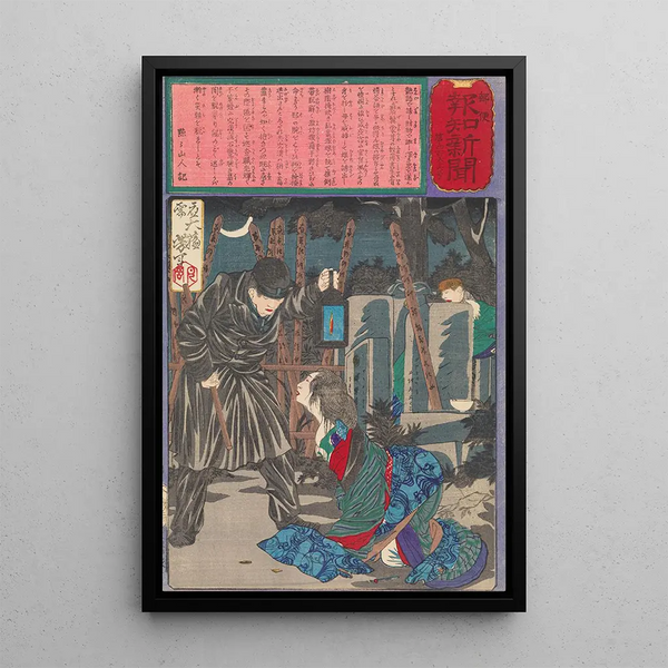 a police patrol preventing a rape in a cemetery - Tsukioka Yoshitoshi — framed artwork on a wall