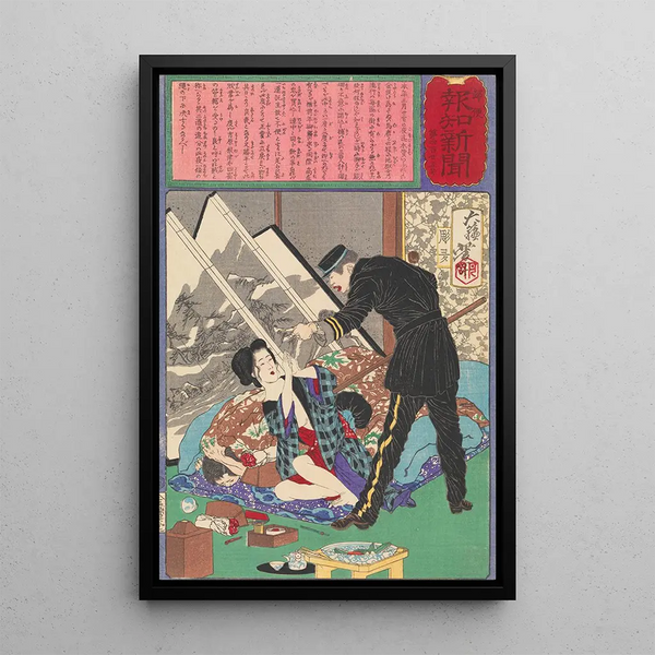a sudden police raid on unlicensed prostitutes - Tsukioka Yoshitoshi — framed artwork on a wall