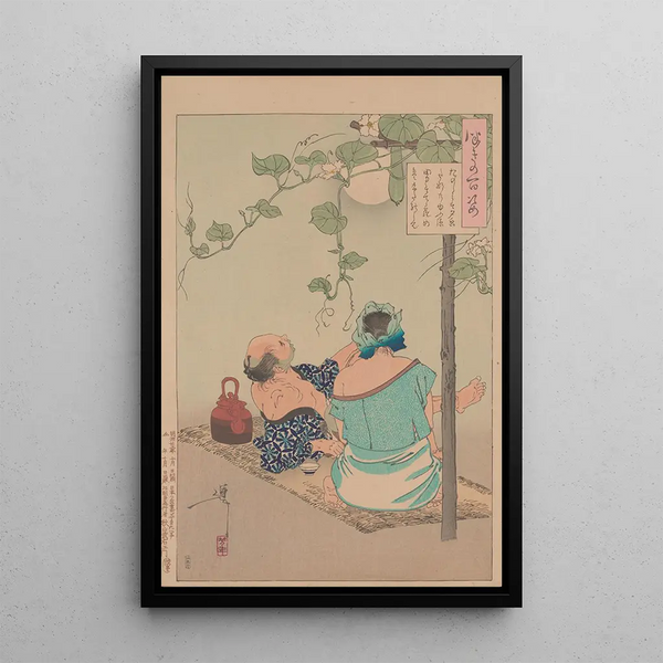 A countryside couple enjoys the moonlight with their son - Tsukioka Yoshitoshi — framed artwork on a wall
