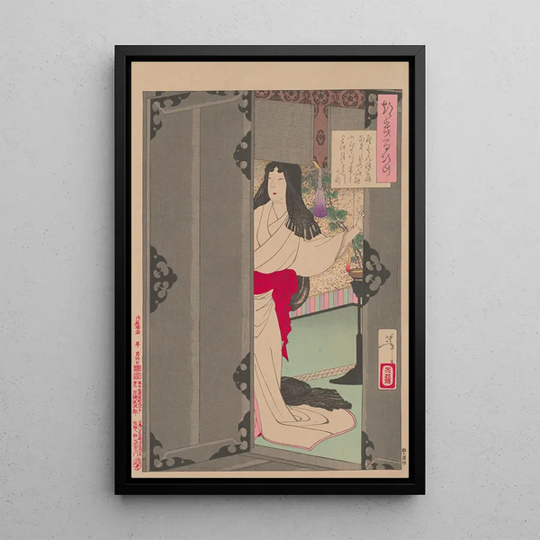 Akazome Emon contemplating the moon from his quarters - Tsukioka Yoshitoshi — framed artwork on a wall