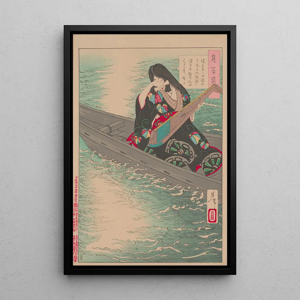 Ariko cries as her boat drifts under the moonlight - Tsukioka Yoshitoshi — framed artwork on a wall