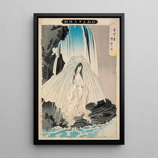 L'infirmière Otsuji prays to the god of Konpira for her success - Tsukioka Yoshitoshi — framed artwork on a wall