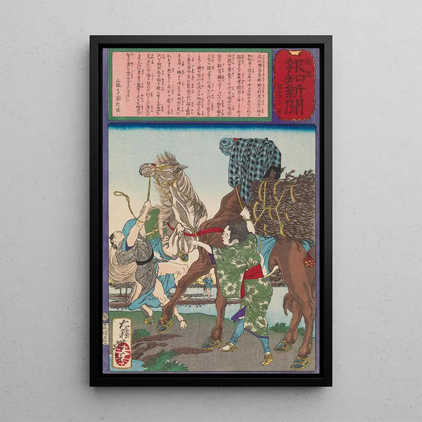A calm child covers his head with his jacket to soothe a horse - Tsukioka Yoshitoshi — framed artwork on a wall
