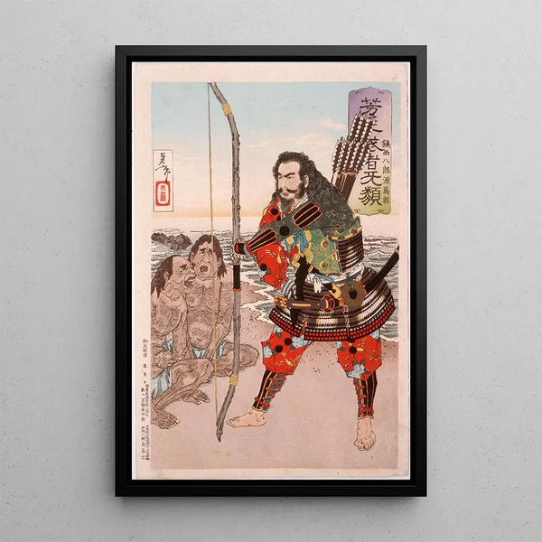 Chinzei Hachir Tametomo with two islanders on the beach at Ashijima - Tsukioka Yoshitoshi — framed artwork on a wall