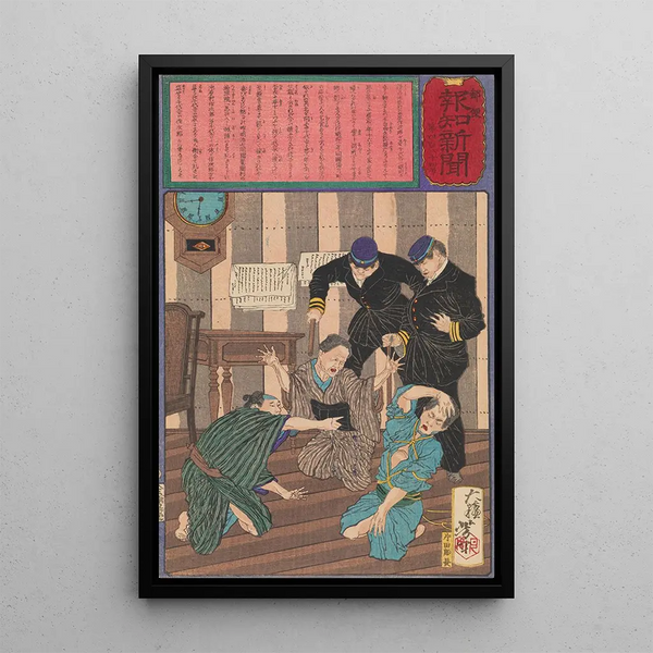 La mère de Chiyokichi l'identifie et résout un cas d'erreur d'identité - Tsukioka Yoshitoshi — framed artwork on a wall