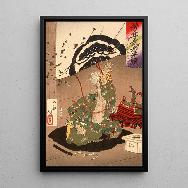 Danj Matsunaga Hisahide before his suicide - Tsukioka Yoshitoshi — framed artwork on a wall