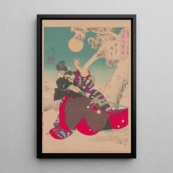 Moon of dawn and swirling snow - Tsukioka Yoshitoshi — framed artwork on a wall