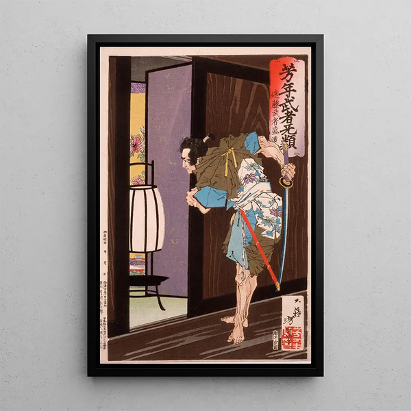 Fin Musha Morito approaching Kesa's chamber - Tsukioka Yoshitoshi — framed artwork on a wall