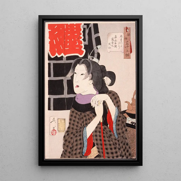 Waiting for the firefighter's wife during the Kaei period 1848-1853 - Tsukioka Yoshitoshi — framed artwork on a wall