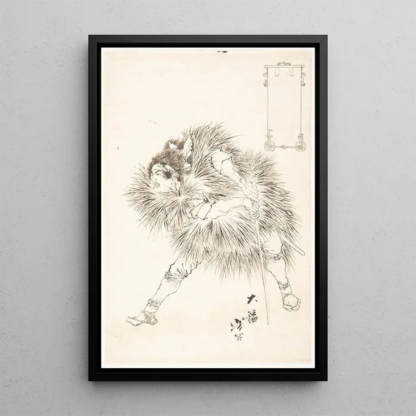 Drawing completed of a warrior - Tsukioka Yoshitoshi — framed artwork on a wall