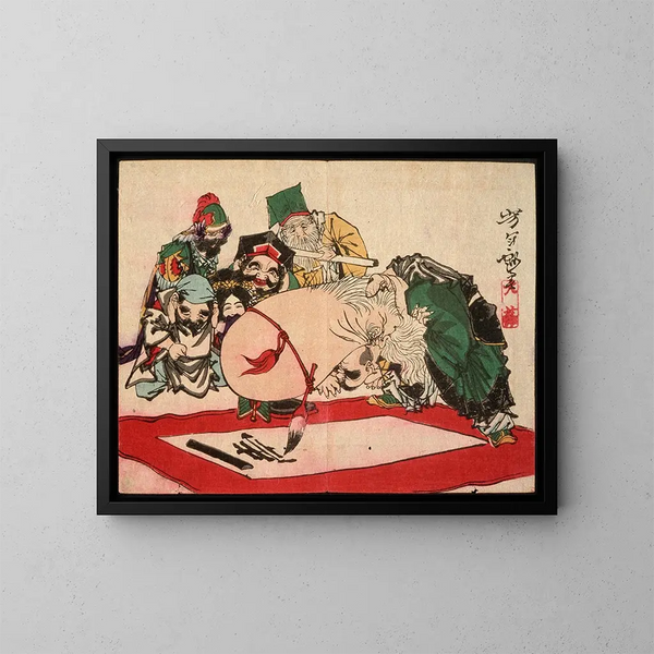 Fukurokuju writing with his head - Tsukioka Yoshitoshi — framed artwork on a wall