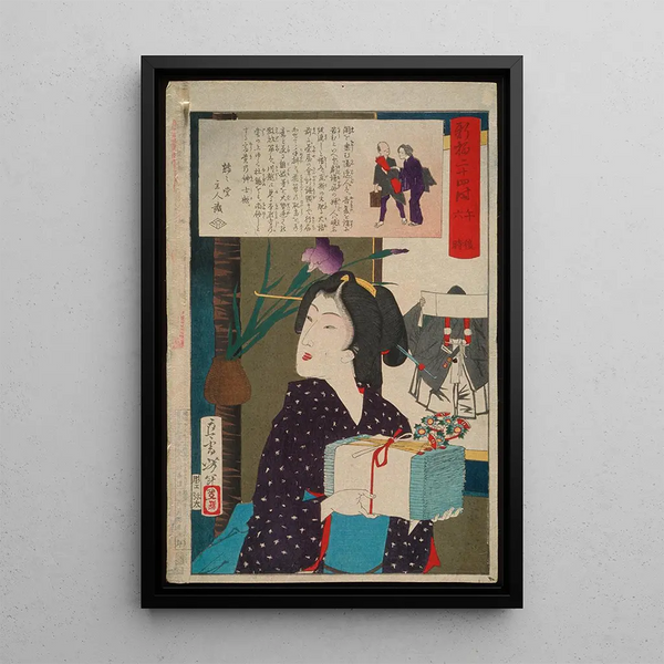 Geisha portant des serviettes à 18h00 - Tsukioka Yoshitoshi — framed artwork on a wall