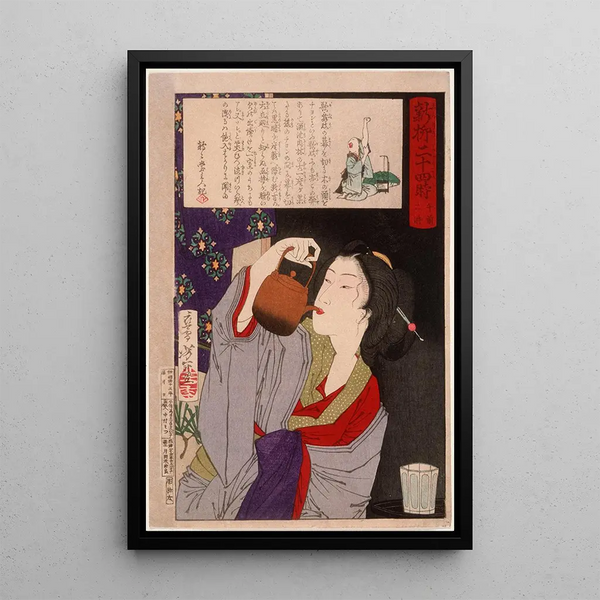 Geisha drinking from a sake kettle at 2:00 AM - Tsukioka Yoshitoshi — framed artwork on a wall