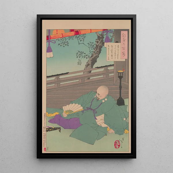 Geni contemplant la lune depuis son château - Tsukioka Yoshitoshi — framed artwork on a wall