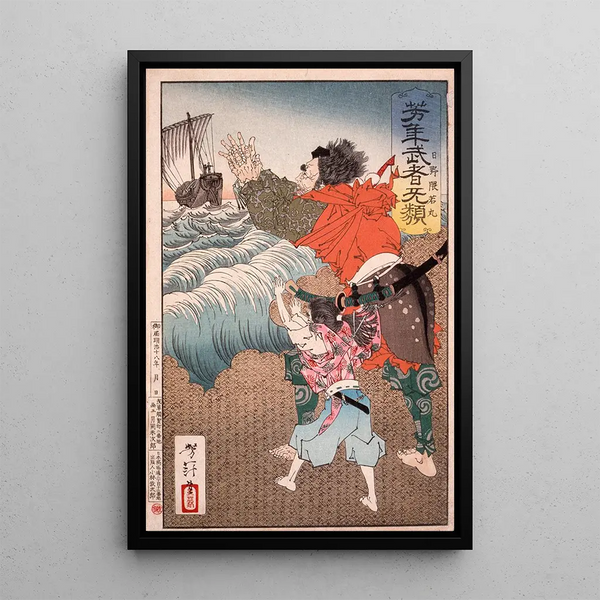 Hino Kumawakamaru and the priest recalling the boat - Tsukioka Yoshitoshi — framed artwork on a wall