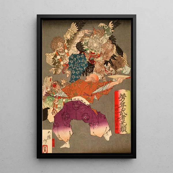 Hj Takatoki, lord of Sagami, repelling tengu with his fan - Tsukioka Yoshitoshi — framed artwork on a wall