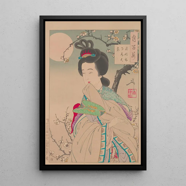 Moonlit Night Under the Trees, a Beautiful Woman Arrives Getsumei Rinka Bijin Majiru - Tsukioka Yoshitoshi — framed artwork on a wall
