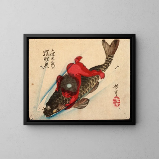 Kintar catches the carp - Tsukioka Yoshitoshi — framed artwork on a wall