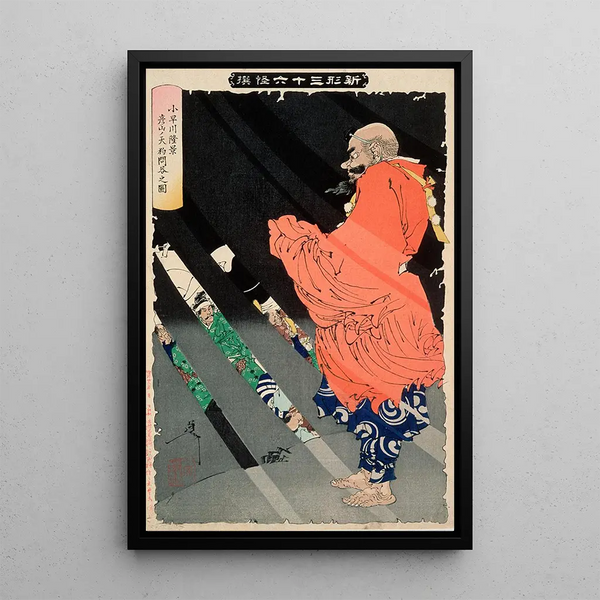Kobayakawa Takakage debating with the Tengu on Mount Hiko - Tsukioka Yoshitoshi — framed artwork on a wall