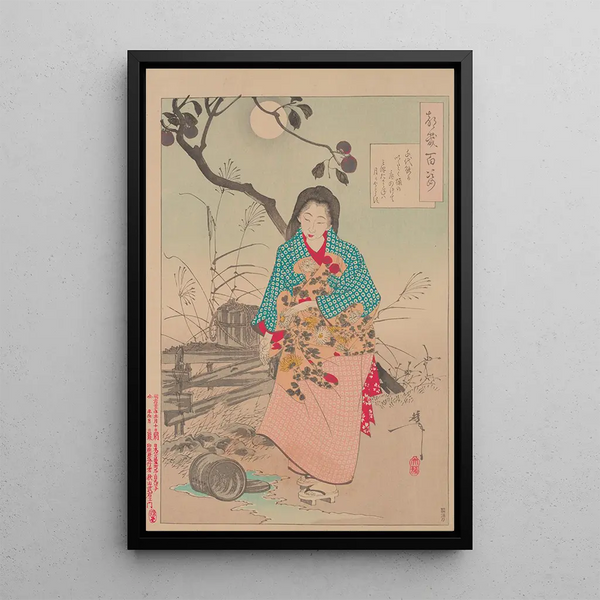 Dame Chiyo et le seau d'eau cassé - Tsukioka Yoshitoshi — framed artwork on a wall
