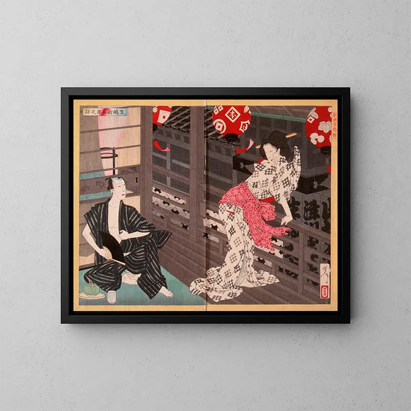 Dame Ejima and Actor Ikushima Shingor - Tsukioka Yoshitoshi — framed artwork on a wall