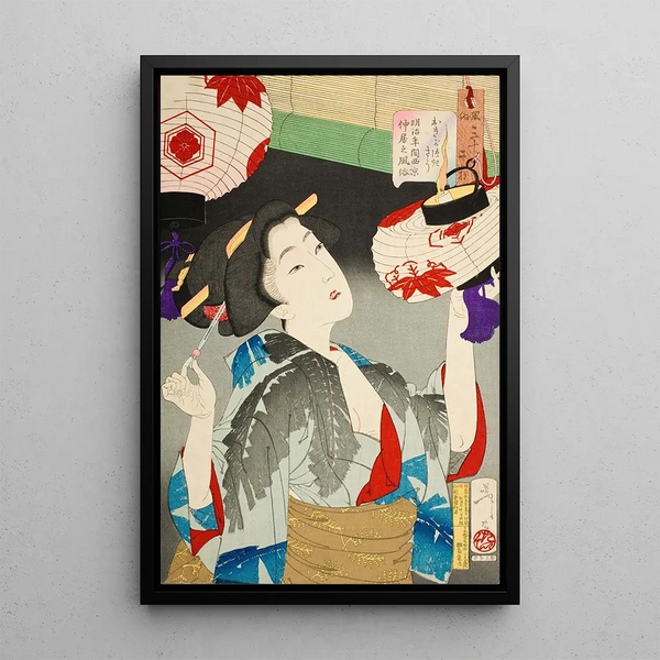 Observer's Gaze: The Appearance of a Kyoto Waitress during the Meiji Era - Tsukioka Yoshitoshi — framed artwork on a wall