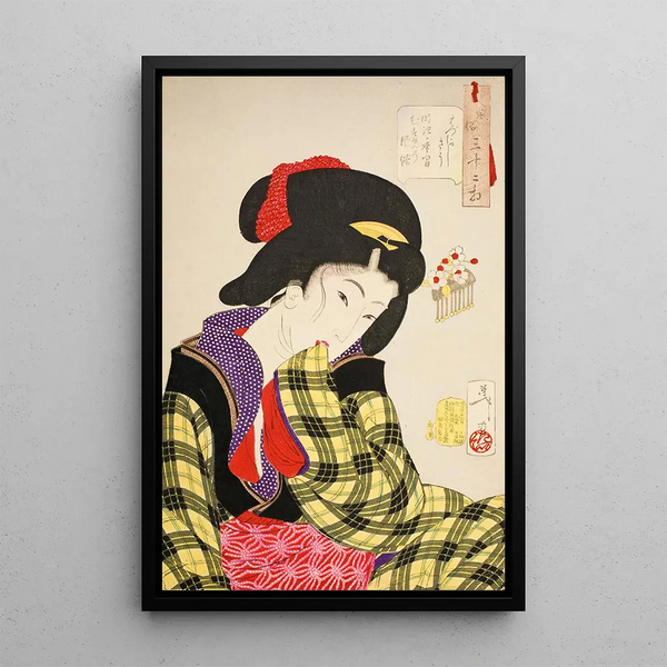a shy gaze painting Les manières d'une jeune fille de l'époque Meiji - Tsukioka Yoshitoshi — framed artwork on a wall