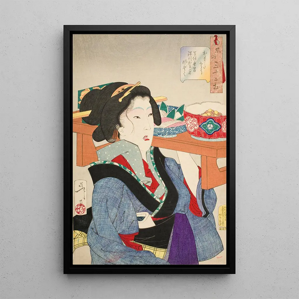 Regard accablé Les manières d'une serveuse à Fukagawa à l'époque Tenp - Tsukioka Yoshitoshi — framed artwork on a wall