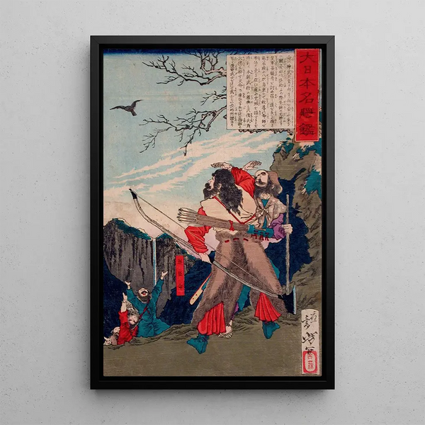 Michi no Omi no Mikoto following a crow to the enemy's lair - Tsukioka Yoshitoshi — framed artwork on a wall