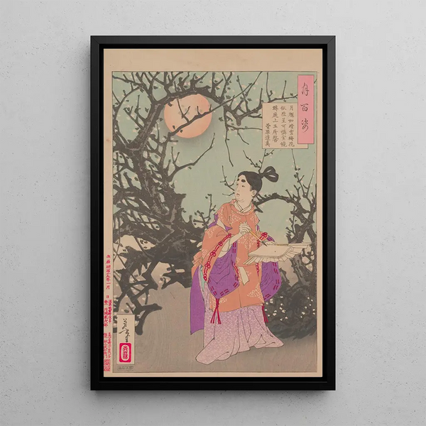 Michizane composing a poem in the moonlight - Tsukioka Yoshitoshi — framed artwork on a wall
