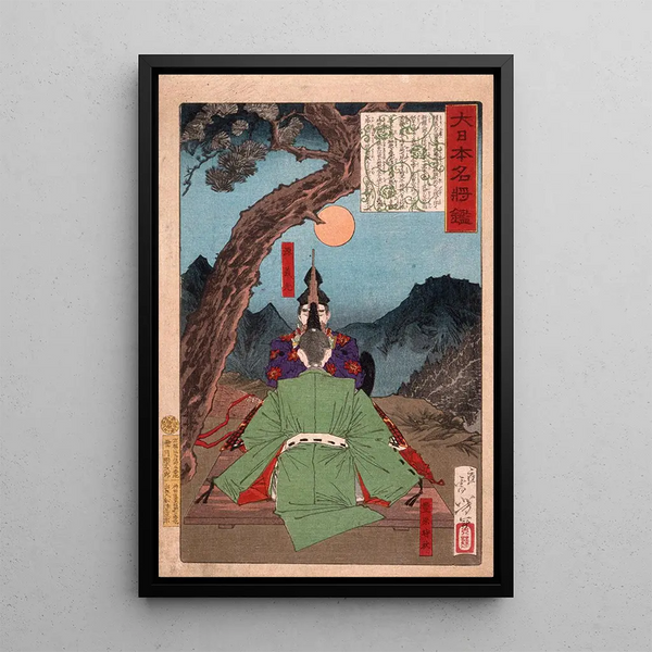 Minamoto Yoshimitsu instructing Toyohara Tokiaki in music - Tsukioka Yoshitoshi — framed artwork on a wall