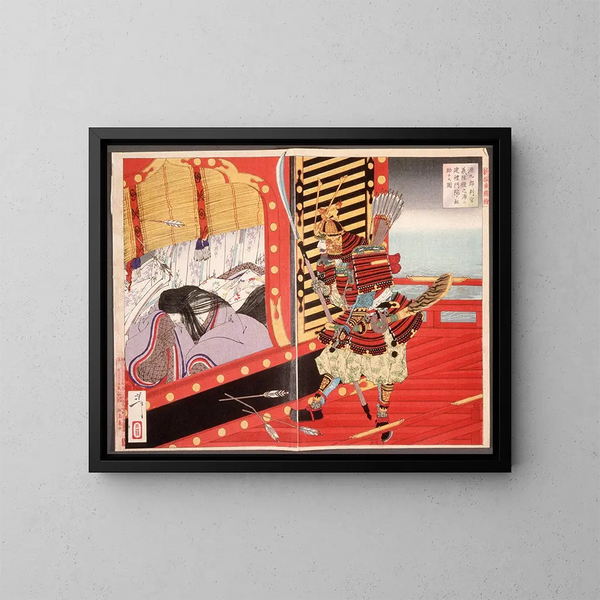 Minamoto no Yoshitsune saving Kenrei Monin during the Battle of Dannoura - Tsukioka Yoshitoshi — framed artwork on a wall