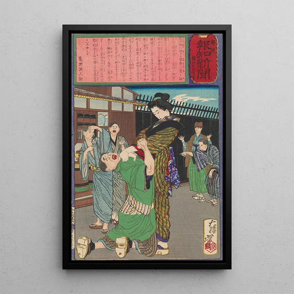 Miyamoto Hanako punishing a drunkard - Tsukioka Yoshitoshi — framed artwork on a wall