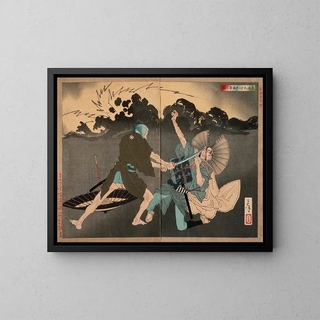 Murai Chan killing his younger brother at the intersection - Tsukioka Yoshitoshi — framed artwork on a wall