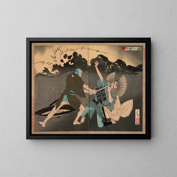 Murai Chan killing his younger brother at the intersection - Tsukioka Yoshitoshi — framed artwork on a wall