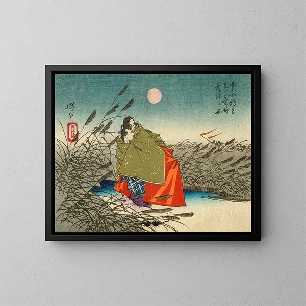 Narihira and Nij no Tsubone by the Fuji River - Tsukioka Yoshitoshi — framed artwork on a wall