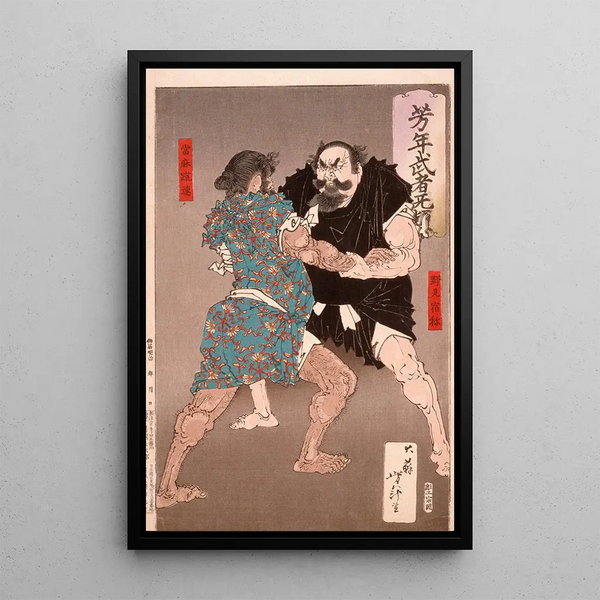 Nomi no Sukune fighting with Taima no Kehaya - Tsukioka Yoshitoshi — framed artwork on a wall